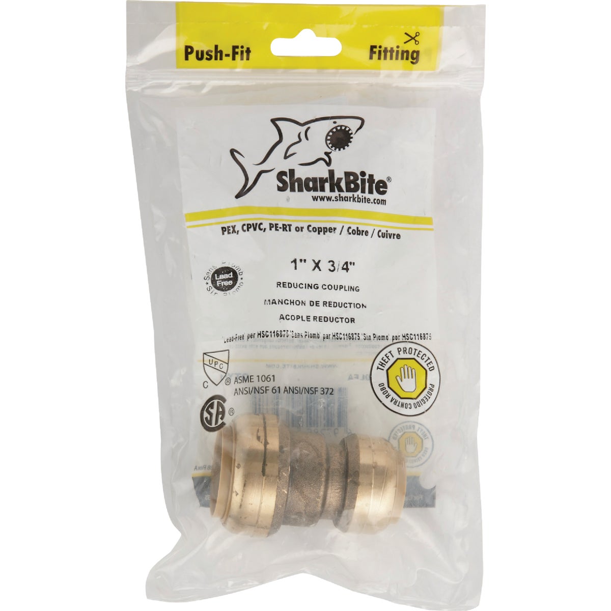 SharkBite 1 In. x 3/4 In. Push-to-Connect Brass Coupling