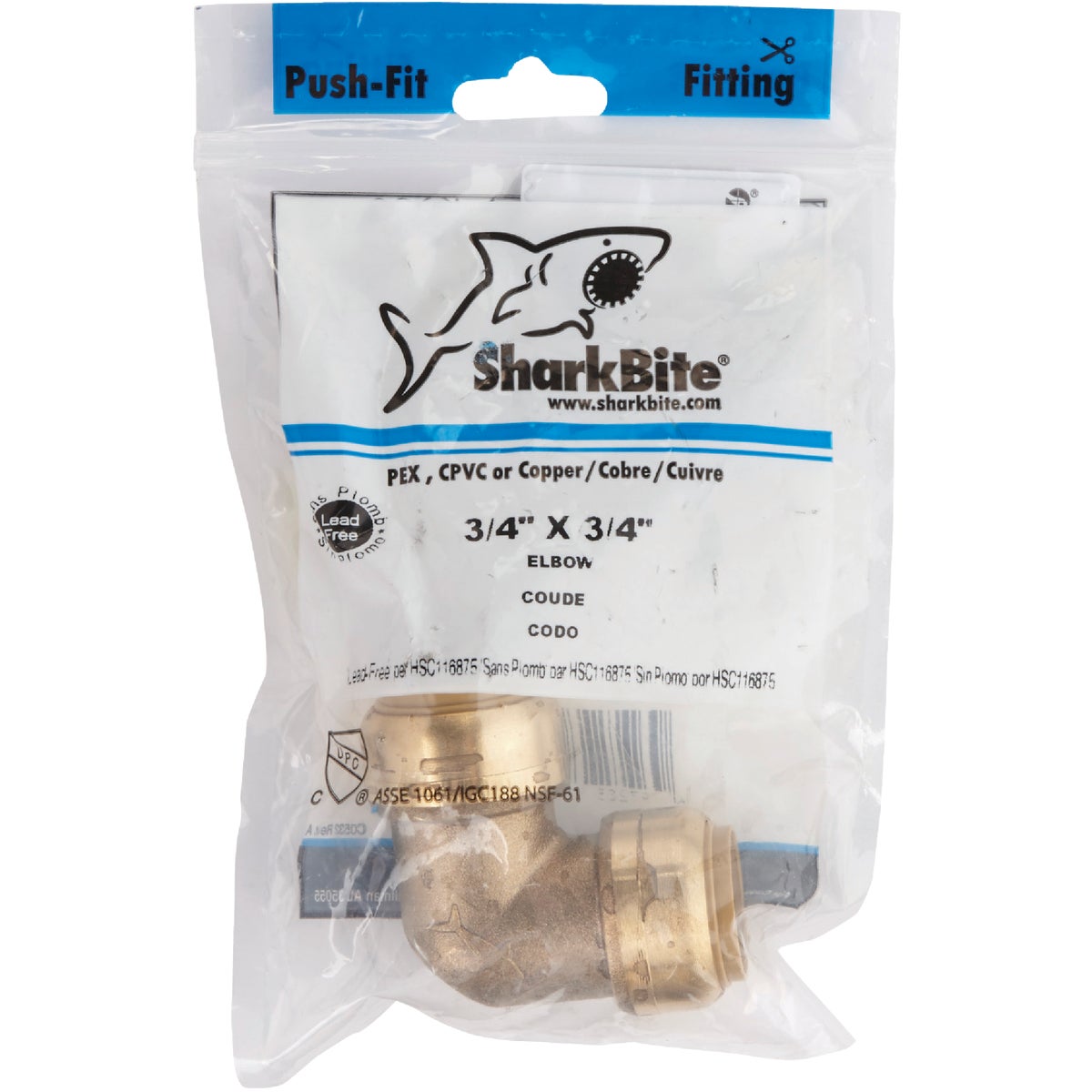 SharkBite 3/4 In. x 3/4 In. 90 Deg. Push-to-Connect Brass Elbow (1/4 Bend)