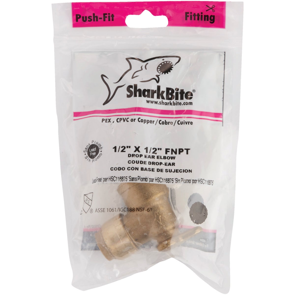 SharkBite 1/2 In. PTC x 1/2 In. FPT 90 Deg. Push-to-Connect Drop Ear Brass Elbow (1/4 Bend)