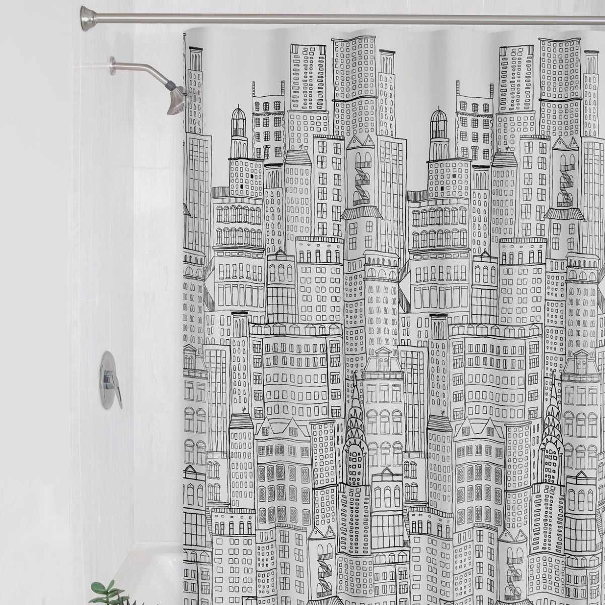 Zenith Zenna Home 70 In. x 72 In. White/Black PEVA Cityscape Shower Curtain Set