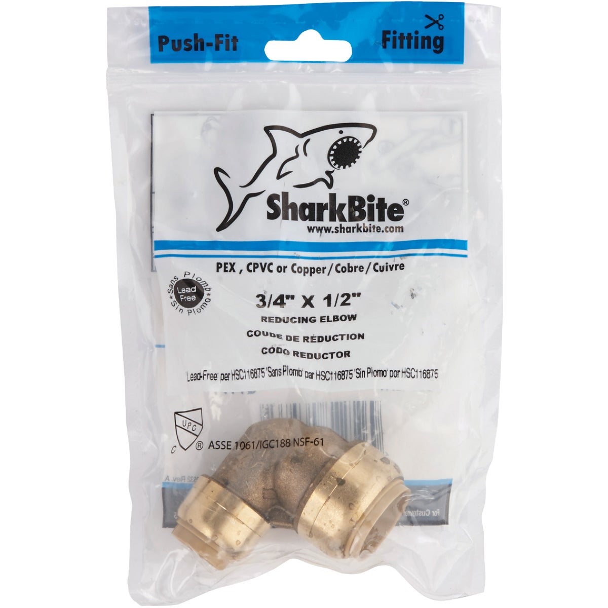 SharkBite 3/4 In. x 1/2 In. Push-to-Connect Reducing Brass Elbow (1/4 Bend)