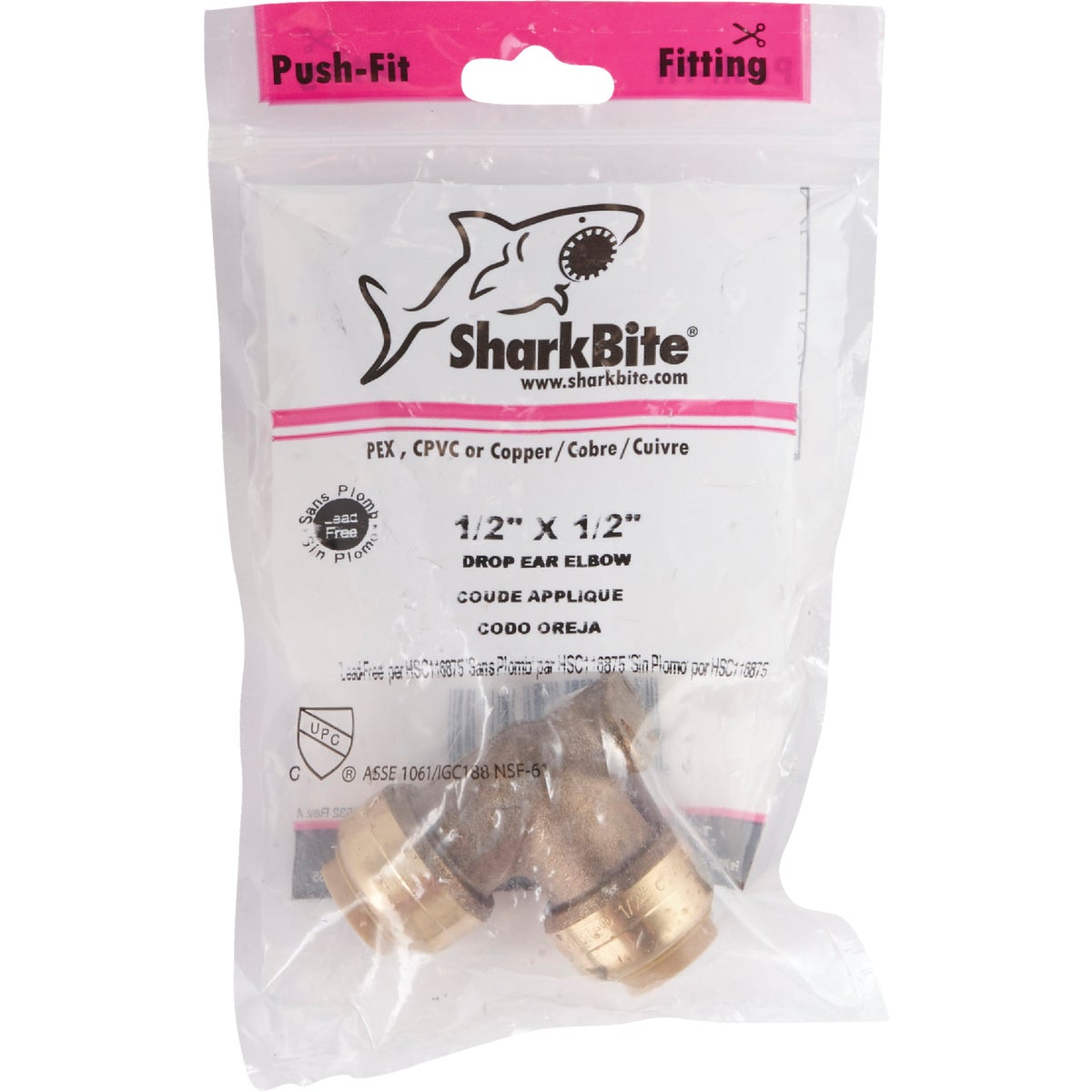 SharkBite 1/2 In. PTC x 1/2 In. PTC 90 Deg. Push-to-Connect Drop Ear Brass Elbow (1/4 Bend)