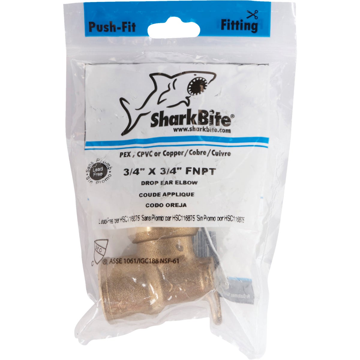 SharkBite 3/4 In. PTC x 3/4 In. FPT 90 Deg. Push-to-Connect Drop Ear Brass Elbow (1/4 Bend)