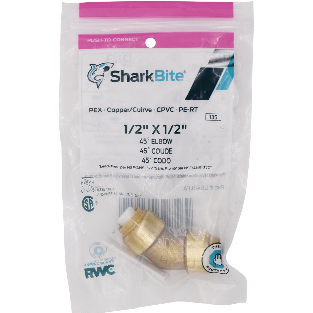 SharkBite 1/2 In. x 1/2 In. 45 Deg. Push-to-Connect Brass Elbow (1/8 Bend)