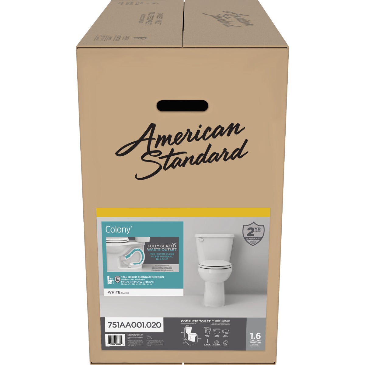 American Standard Colony Right Height White Elongated Bowl 1.6 GPF Toilet