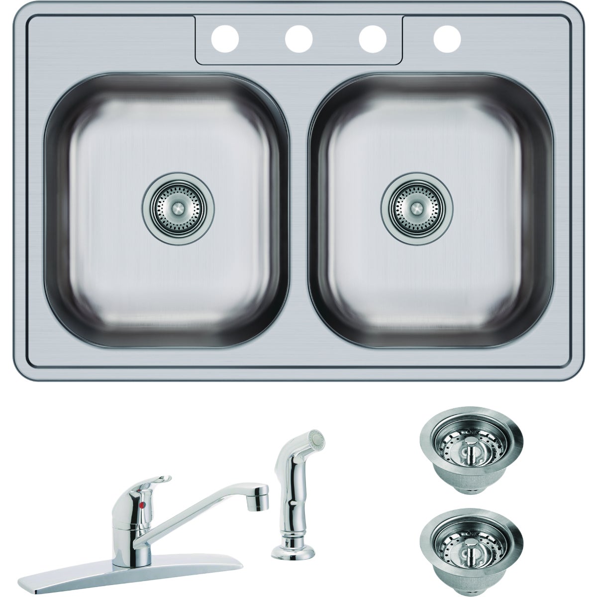 Elkay Dayton Double Bowl 33 In. x 22 In. x 7-1/16 In. Deep Stainless Steel Kitchen Sink and Faucet Kit, Top Mount