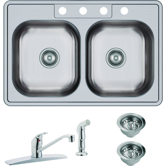 Elkay Dayton Double Bowl 33 In. x 22 In. x 7-1/16 In. Deep Stainless Steel Kitchen Sink and Faucet Kit, Top Mount