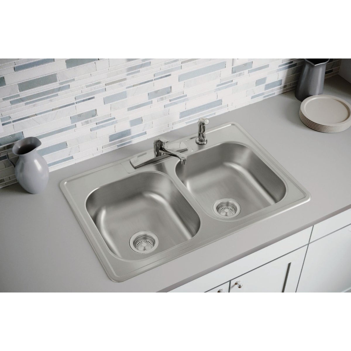 Elkay Dayton Double Bowl 33 In. x 22 In. x 7-1/16 In. Deep Stainless Steel Kitchen Sink and Faucet Kit, Top Mount