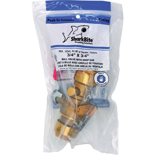 SharkBite 3/4 In. Brass Push-Fit Ball Valve with Drain & Mounting Tab