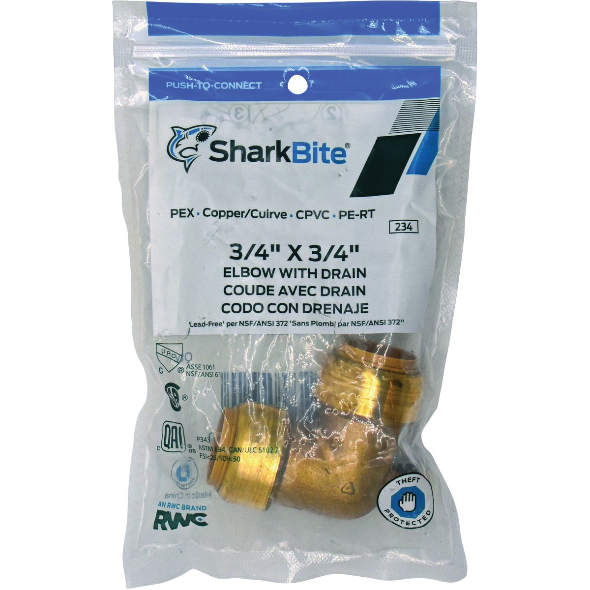 SharkBite 3/4 In x 3/4 In. 90 Deg. Push-to-Connect Brass Elbow with Drain