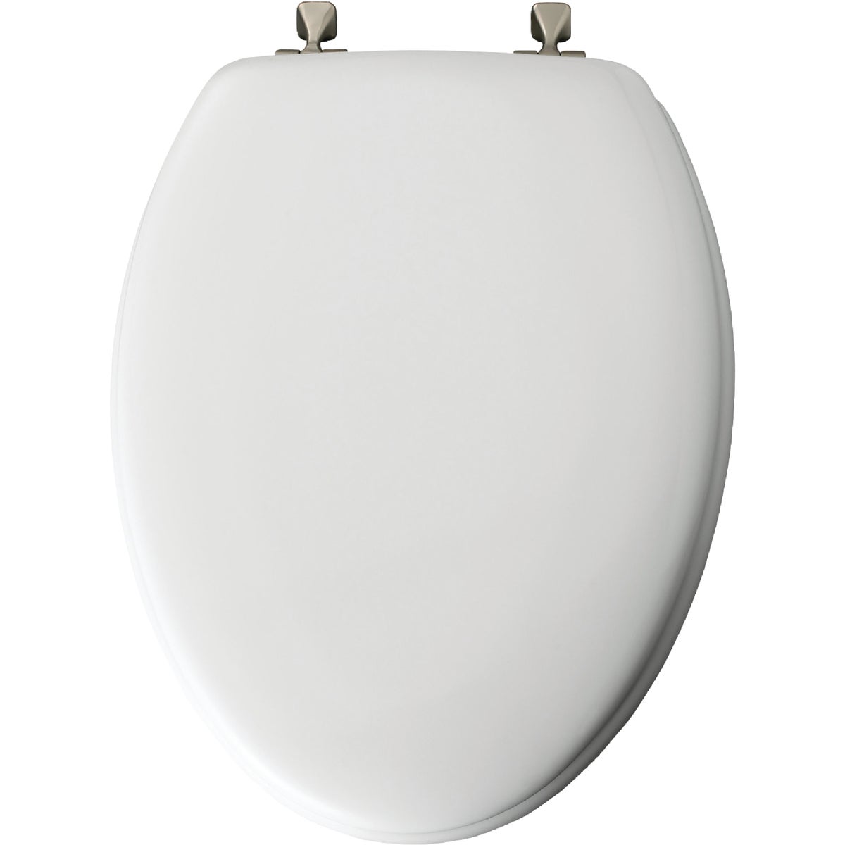 Mayfair Elongated Closed Front White Wood Toilet Seat with Brushed Nickel Hinges