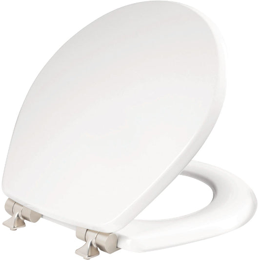 Mayfair Benton Round White Enameled Wood Toilet Seat with Slow Close Brushed Nickel Metal Hinge