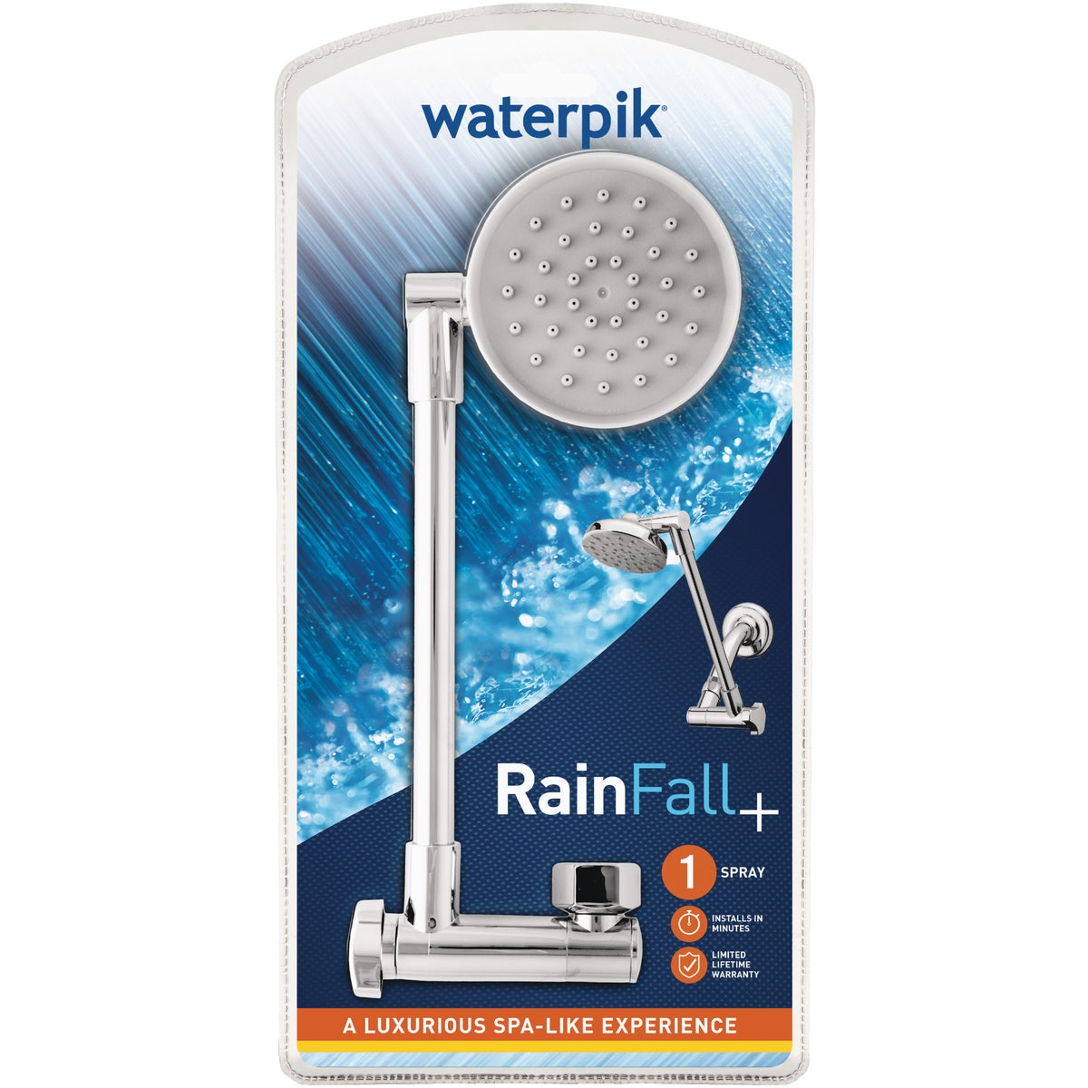 Waterpik RainFall+ 1-Spray 1.8 GPM Fixed Showerhead with Adjustable Arm, Chrome