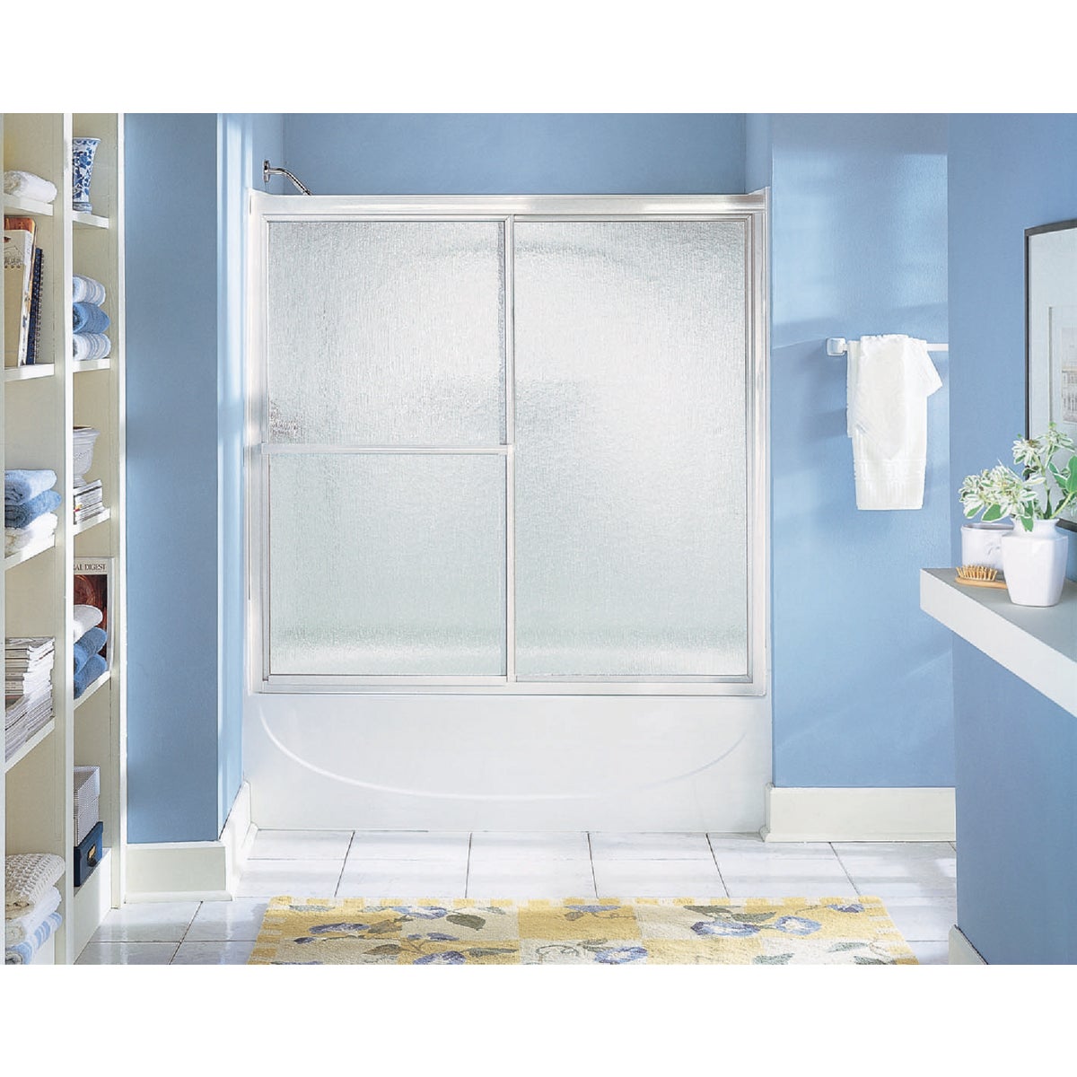 Sterling Deluxe Framed 59-3/8 In. W. X 56-1/4 In. H. Chrome Rain Glass Sliding Tub Door