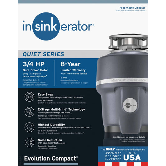 Insinkerator Evolution Compact 3/4 HP Garbage Disposer, 8 Year Warranty