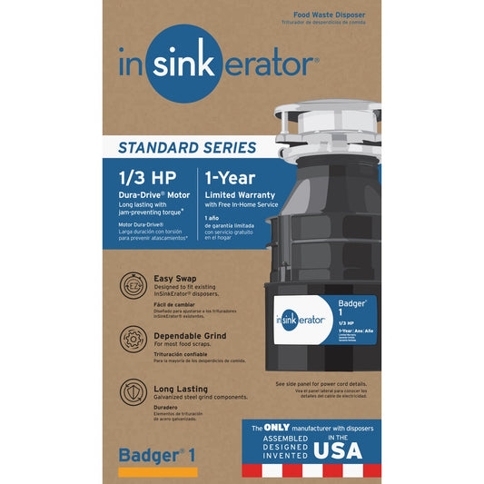 Insinkerator Badger 1/3 HP Garbage Disposer, 1 Year Warranty