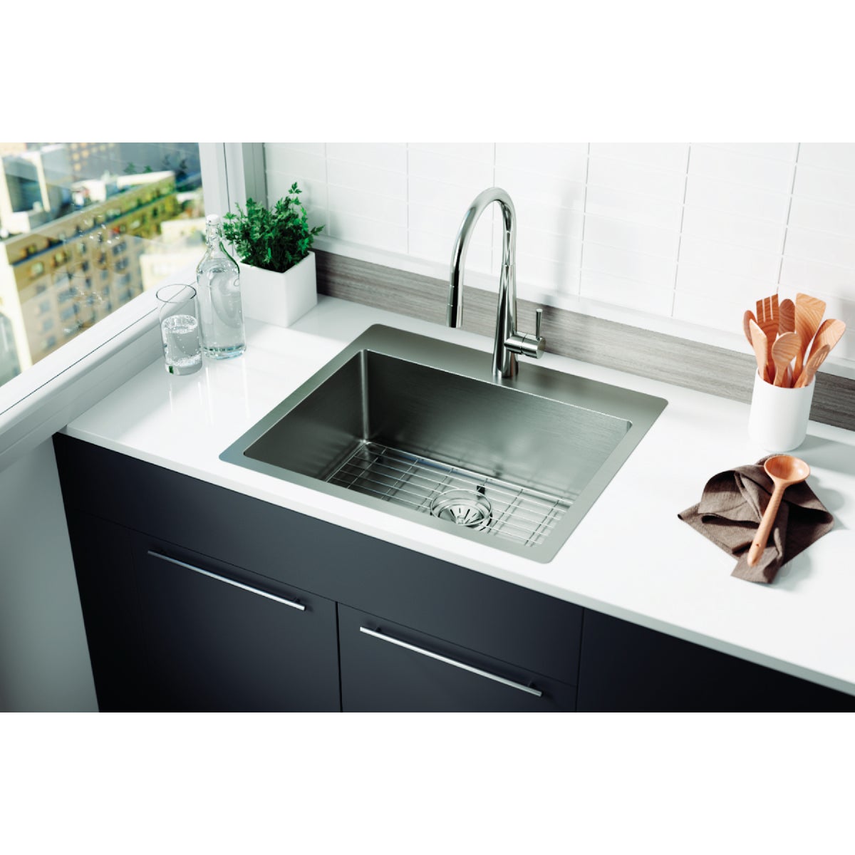 Elkay Crosstown Single Bowl 25 In. x 22 In. x 9 In. Deep Stainless Steel Kitchen Sink Kit, Dual-Mount