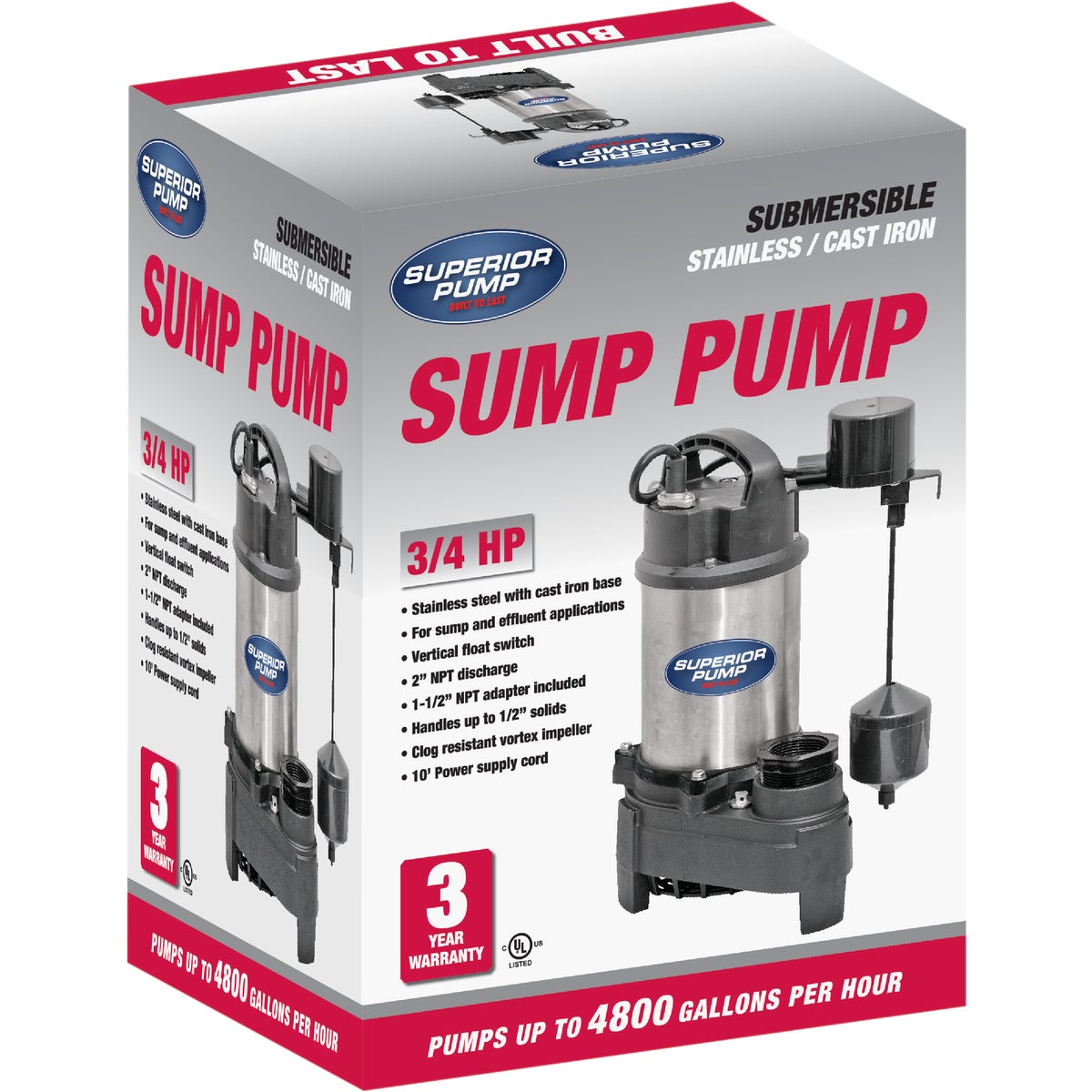 Superior Pump 3/4 HP Stainless Steel/Cast Iron Submersible Sump Pump with Vertical Float Switch