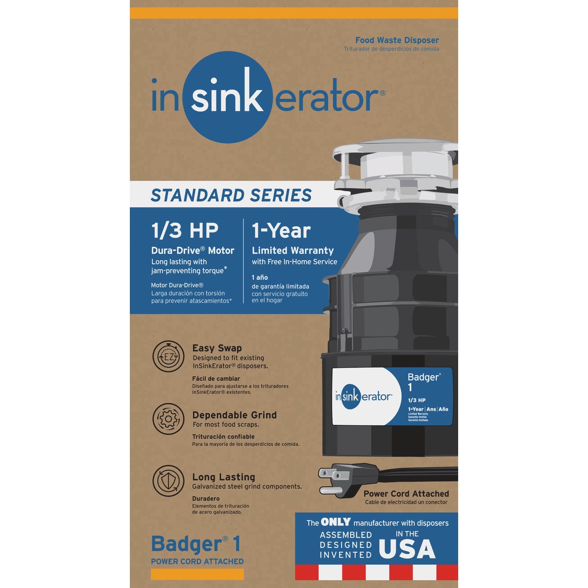 Insinkerator 1/3 HP Badger 1 Garbage Disposer with Power Cord, 1 Year Warranty