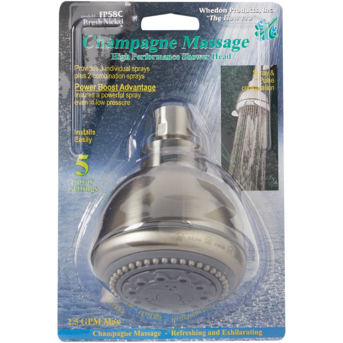 Whedon Champagne Massage 5-Spray 2.5 GPM Fixed Showerhead, Brushed Nickel