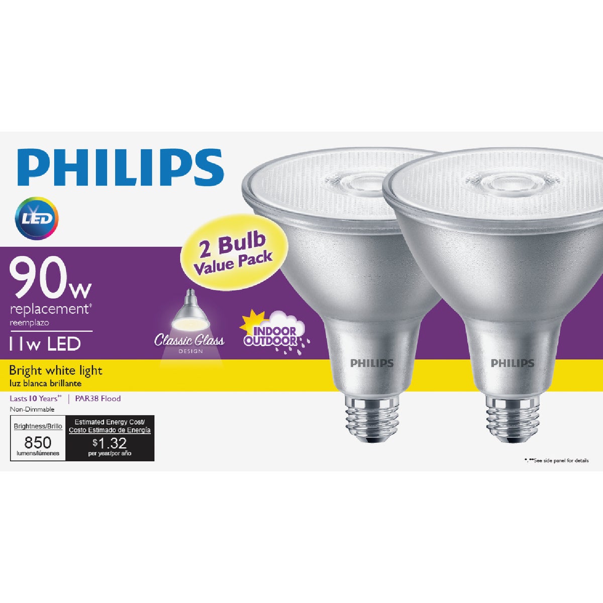 Philips 90W Equivalent Bright White PAR38 Medium LED Floodlight Light Bulb (2-Pack)