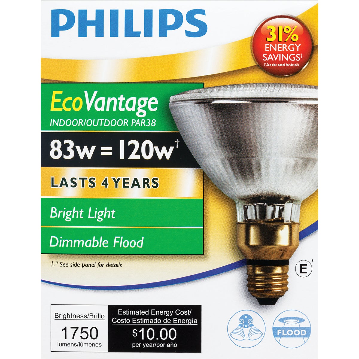 Philips EcoVantage 120W Equivalent Clear Medium Base PAR38 Halogen Floodlight Light Bulb