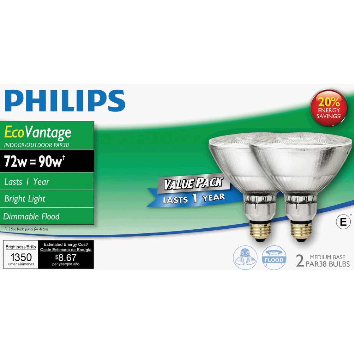 Philips EcoVantage 90W Equivalent Clear Medium Base PAR38 Halogen Floodlight Light Bulb (2-Pack)