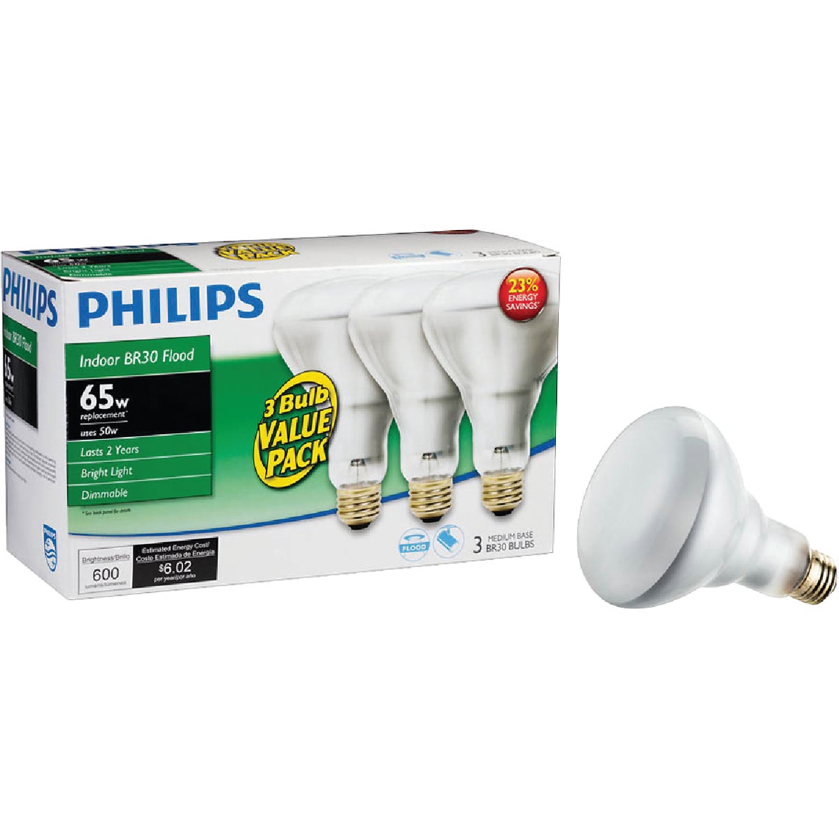 Philips EcoVantage 65W Equivalent Clear Medium Base BR30 Halogen Floodlight Light Bulb (3-Pack)