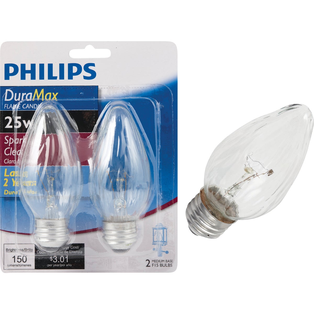 Philips DuraMax 25W Clear Medium F15 Incandescent Flame Candle Light Bulb (2-Pack)