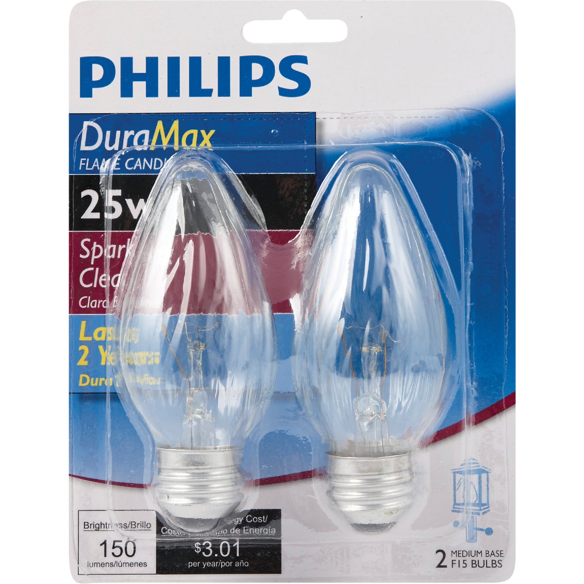 Philips DuraMax 25W Clear Medium F15 Incandescent Flame Candle Light Bulb (2-Pack)