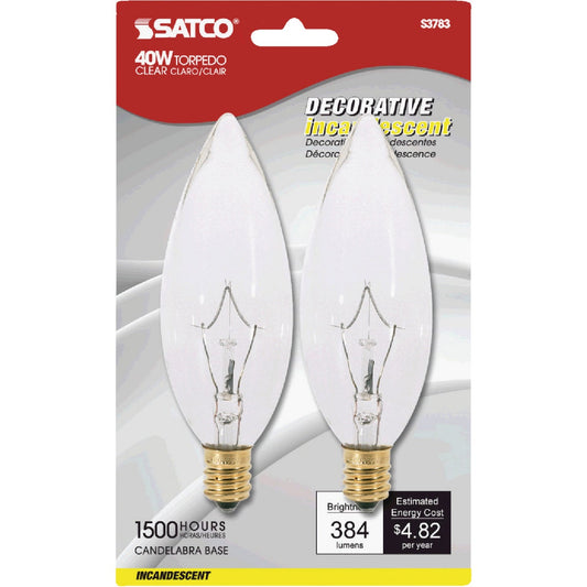 Satco 40W Clear Candelabra BA9.5 Incandescent Torpedo Blunt Tip Light Bulb (2-Pack)