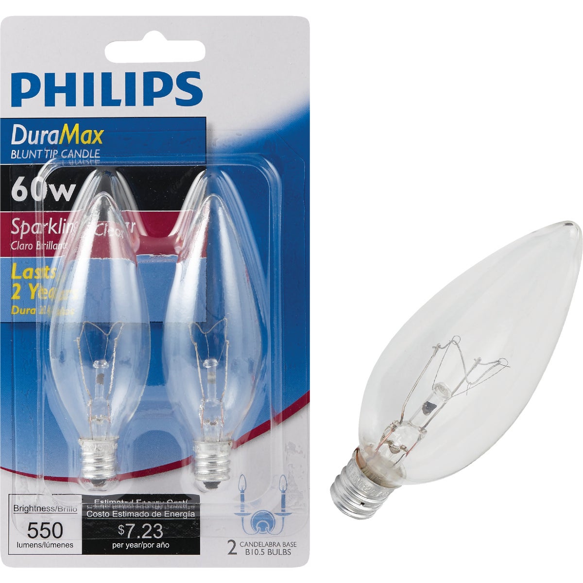 Philips DuraMax 60W Clear Candelabra Base B10.5 Incandescent Blunt Tip Light Bulb (2-Pack)