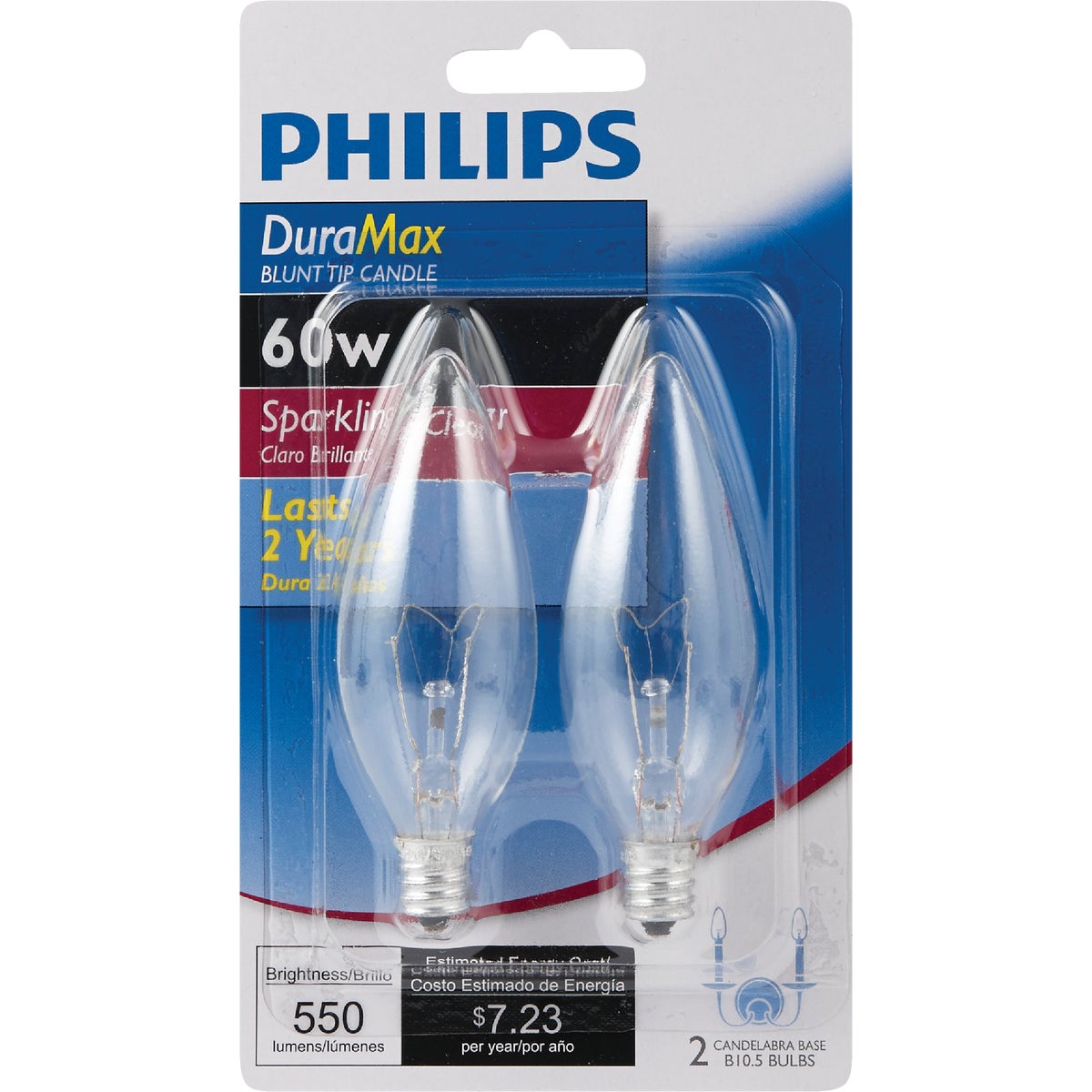 Philips DuraMax 60W Clear Candelabra Base B10.5 Incandescent Blunt Tip Light Bulb (2-Pack)