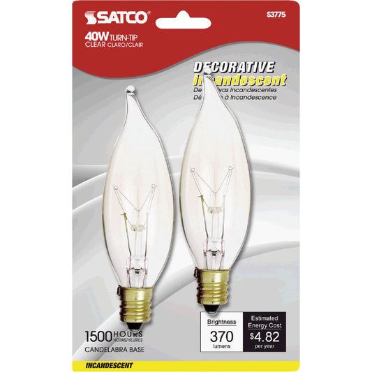 Satco 40W Clear Candelabra CA9.5 Incandescent Turn Tip Decorative Light Bulb (2-Pack)