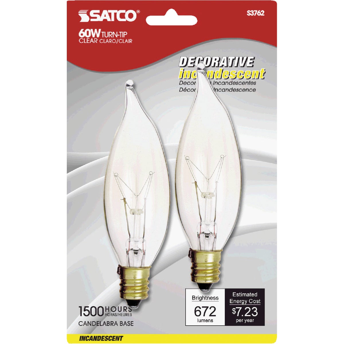 Satco 60W Clear Candelabra CA10 Incandescent Turn Tip Decorative Light Bulb (2-Pack)