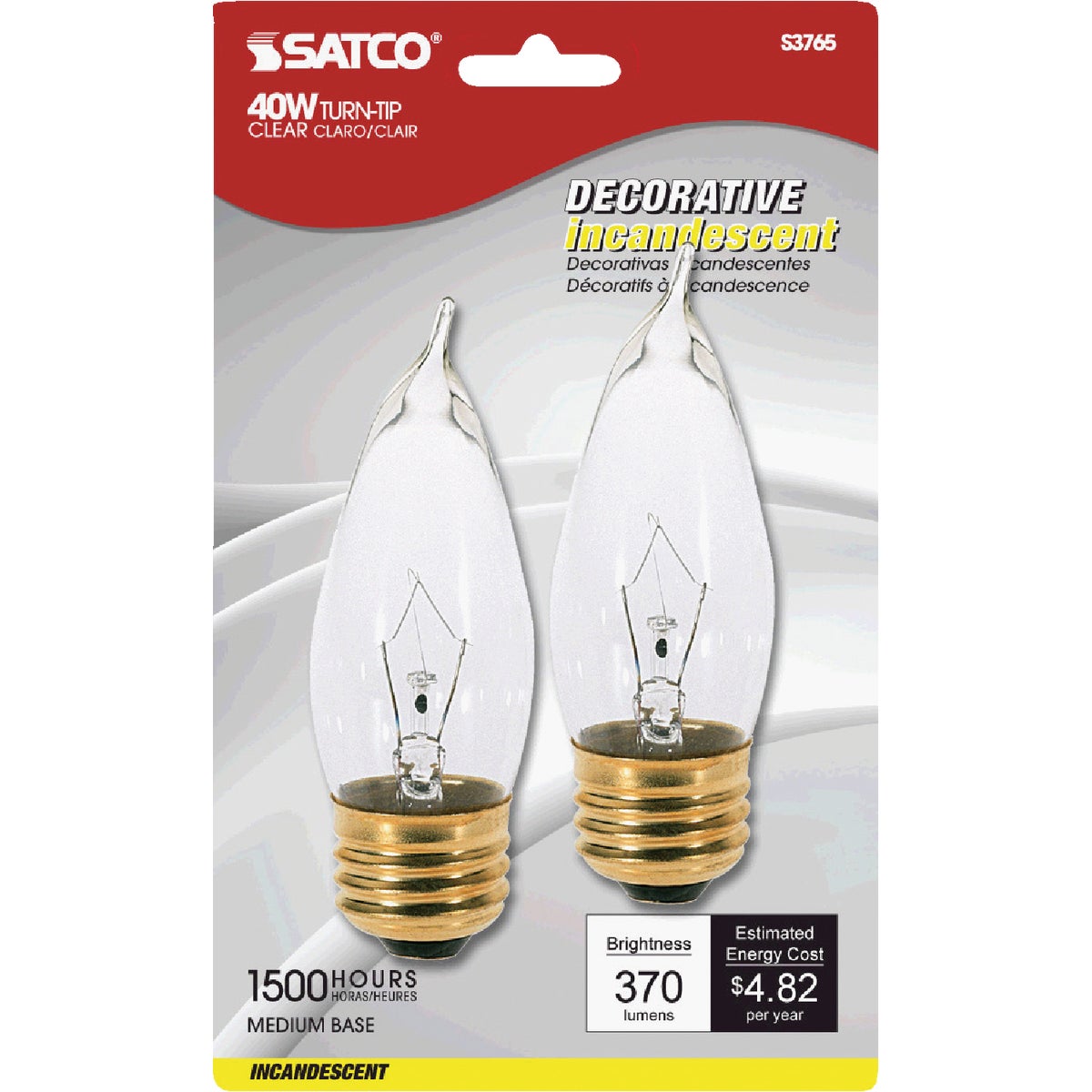 Satco 40W Clear Medium CA10 Incandescent Turn Tip Decorative Light Bulb (2-Pack)