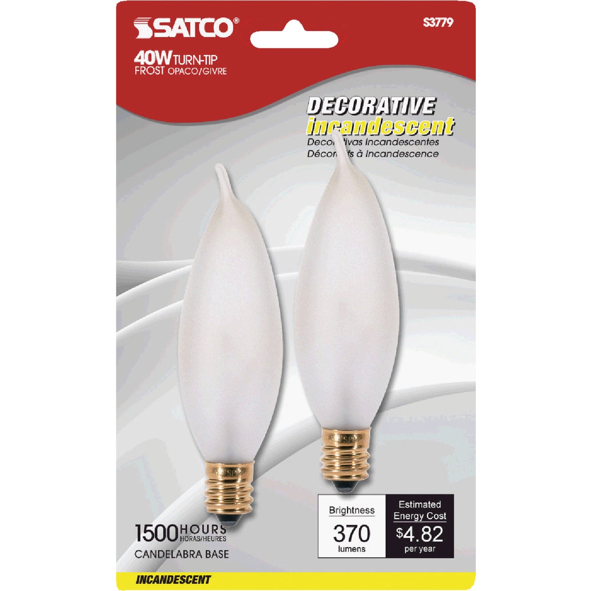 Satco 40W Frosted Soft White Candelabra CA9.5 Incandescent Turn Tip Decorative Light Bulb (2-Pack)
