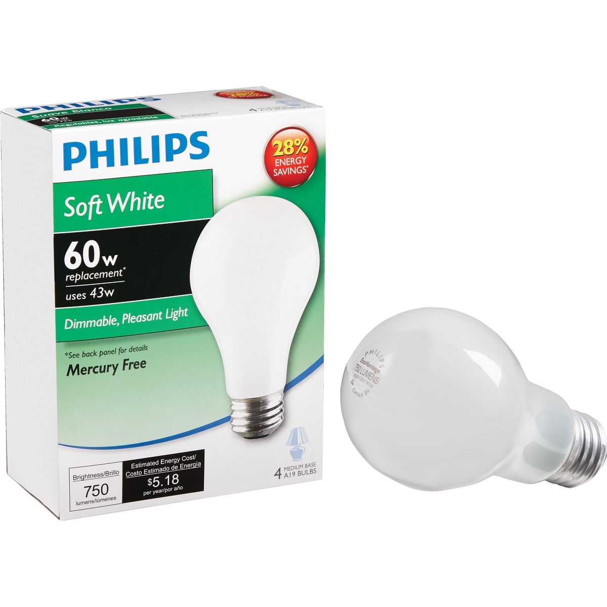 Philips EcoVantage 60W Equivalent Soft White Medium Base A19 Halogen Light Bulb (4-Pack)