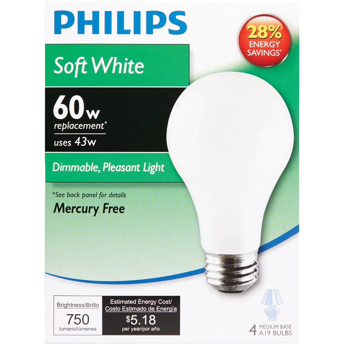 Philips EcoVantage 60W Equivalent Soft White Medium Base A19 Halogen Light Bulb (4-Pack)