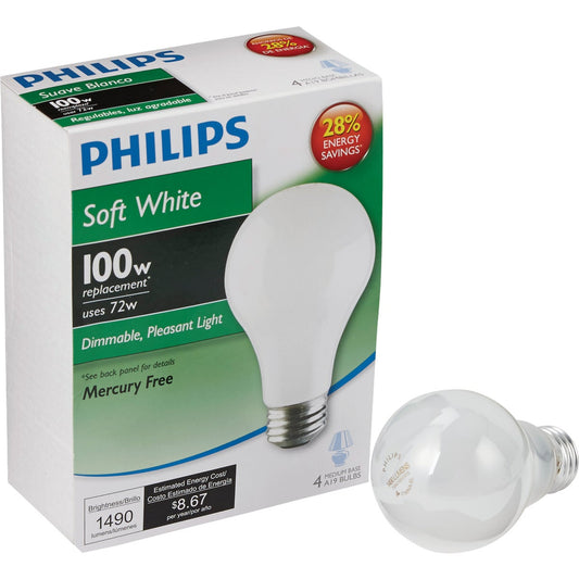 Philips EcoVantage 100W Equivalent Soft White Medium Base A19 Halogen Light Bulb (4-Pack)