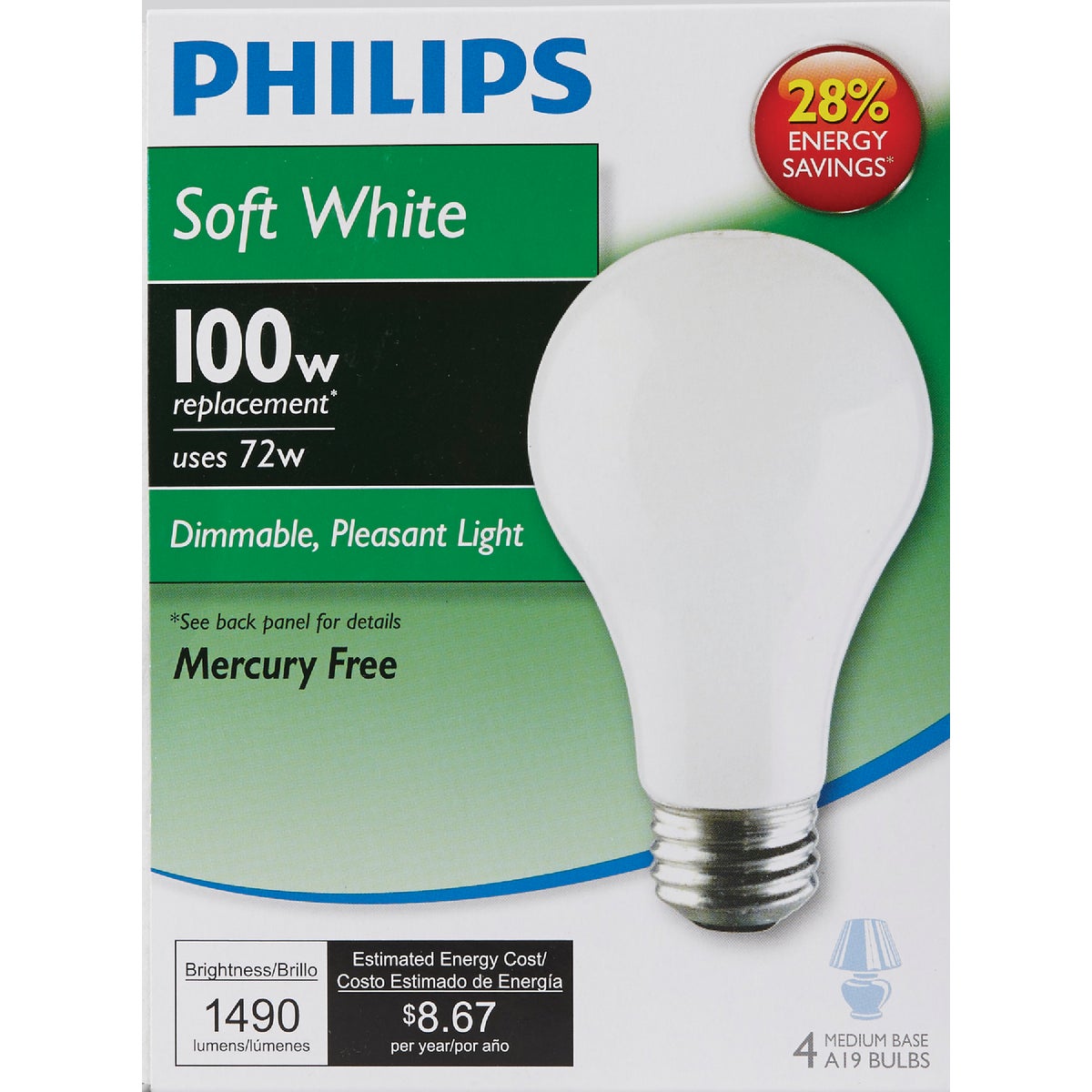 Philips EcoVantage 100W Equivalent Soft White Medium Base A19 Halogen Light Bulb (4-Pack)