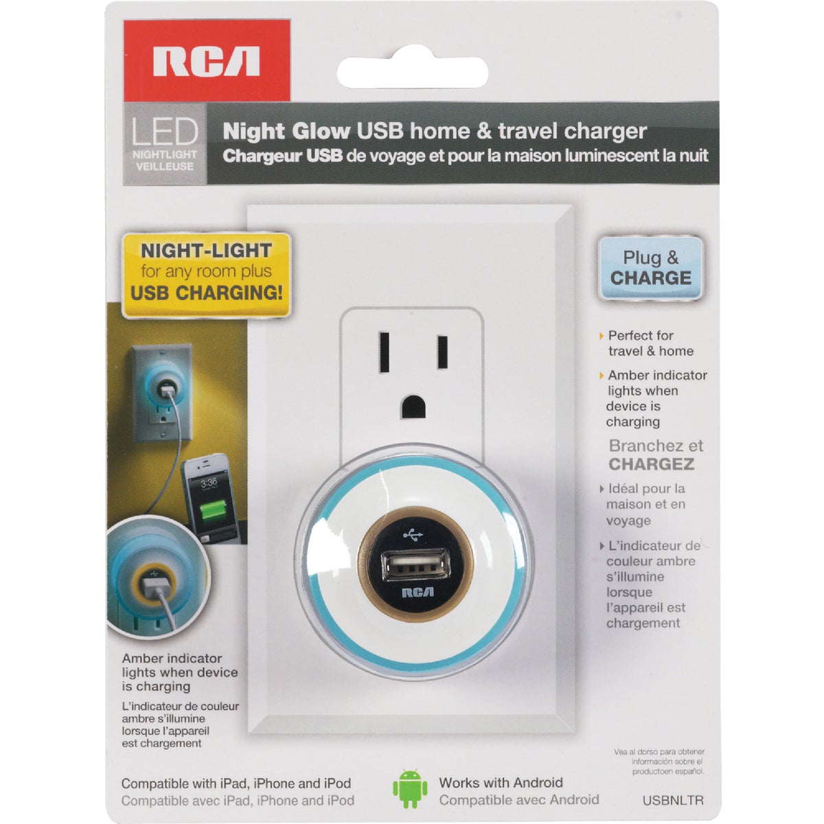 RCA Night Glow USB White & Turquoise Wall Charger