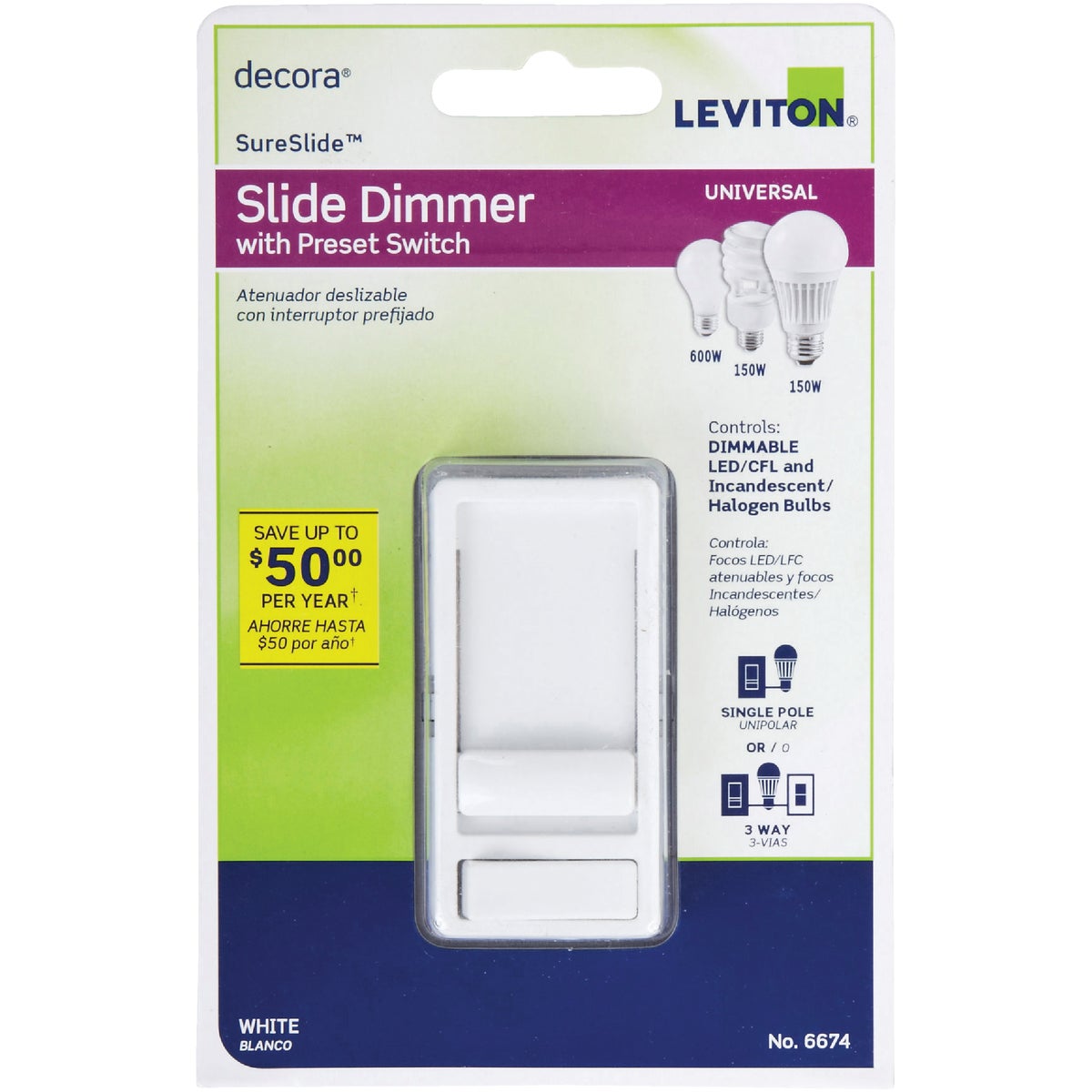 Leviton Decora Incandescent/LED/CFL White Slide Dimmer Switch