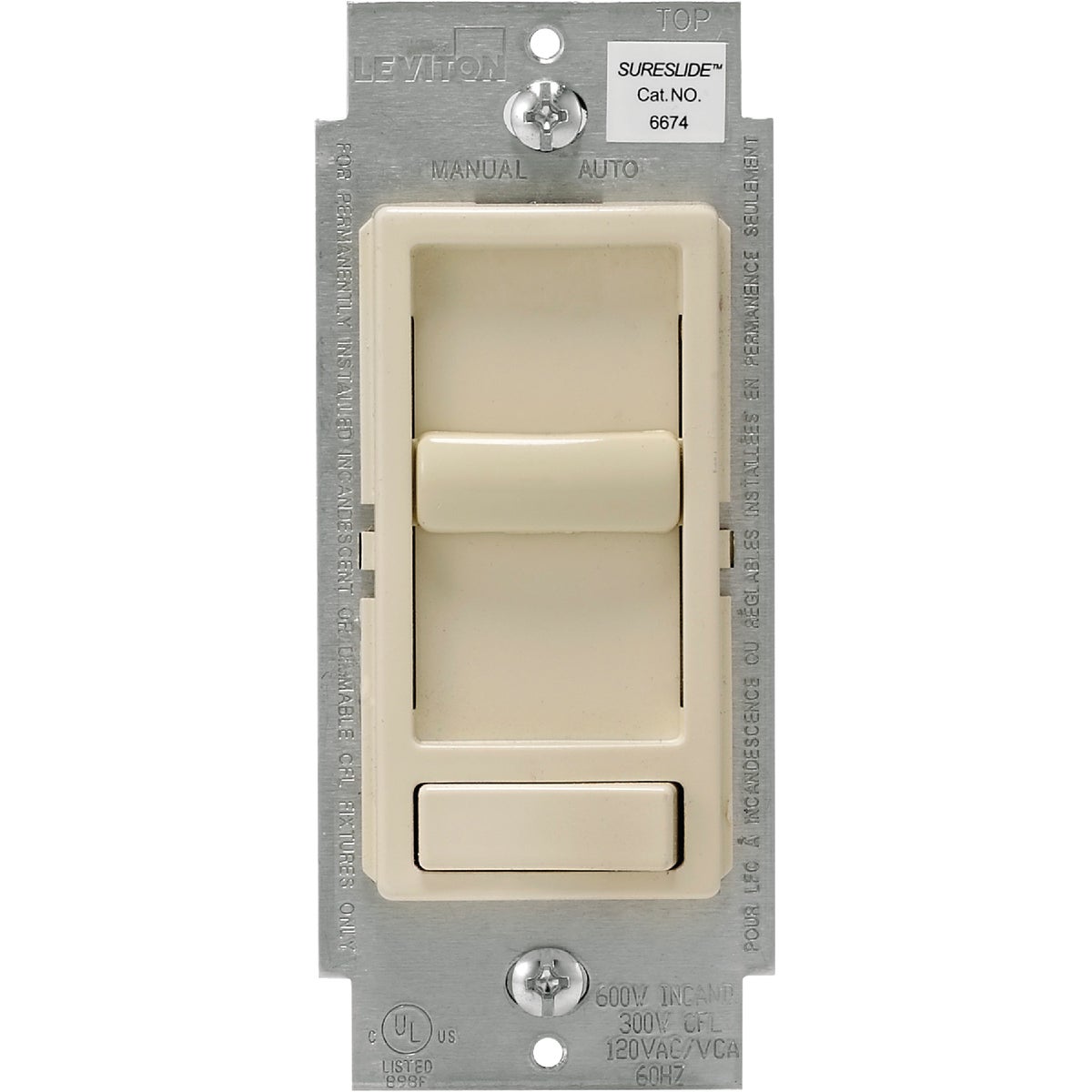 Leviton Decora Incandescent/LED/CFL Light Almond Slide Dimmer Switch