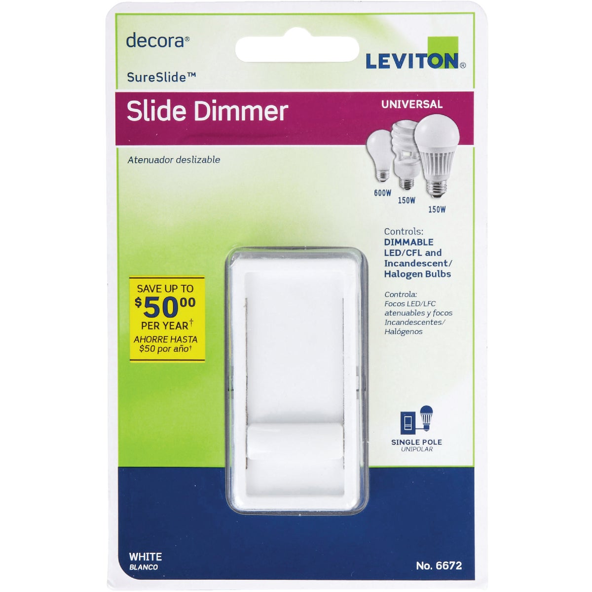 Leviton Decora Incandescent/Halogen/LED/CFL White Slide Dimmer Switch