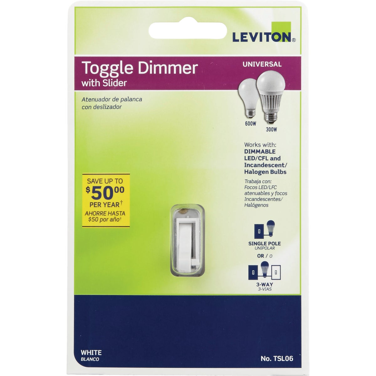 Leviton Incandescent/Halogen/LED/CFL White Slide Dimmer Switch