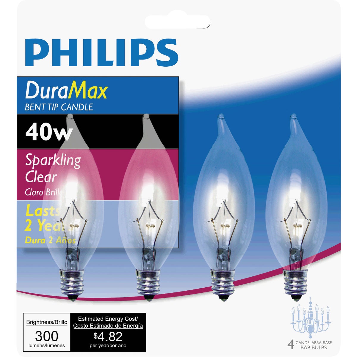 Philips DuraMax 40W Clear Candelabra BA9 Incandescent Bent Tip Light Bulb (4-Pack)