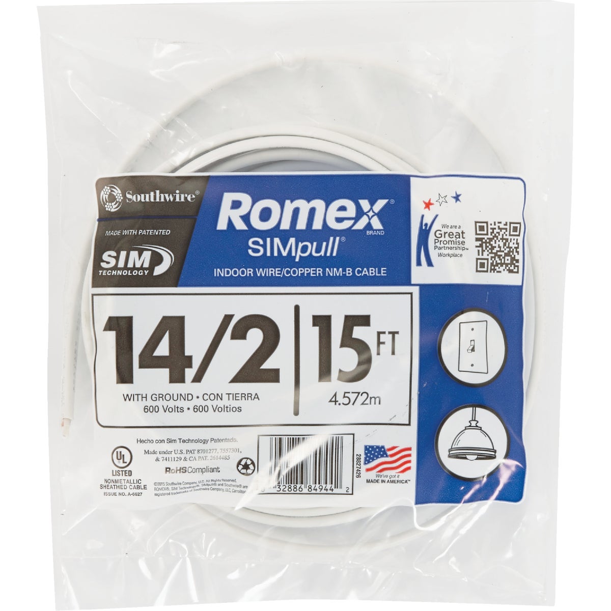 Romex 15 Ft. 14-2 Solid White NMW/G Electrical Wire