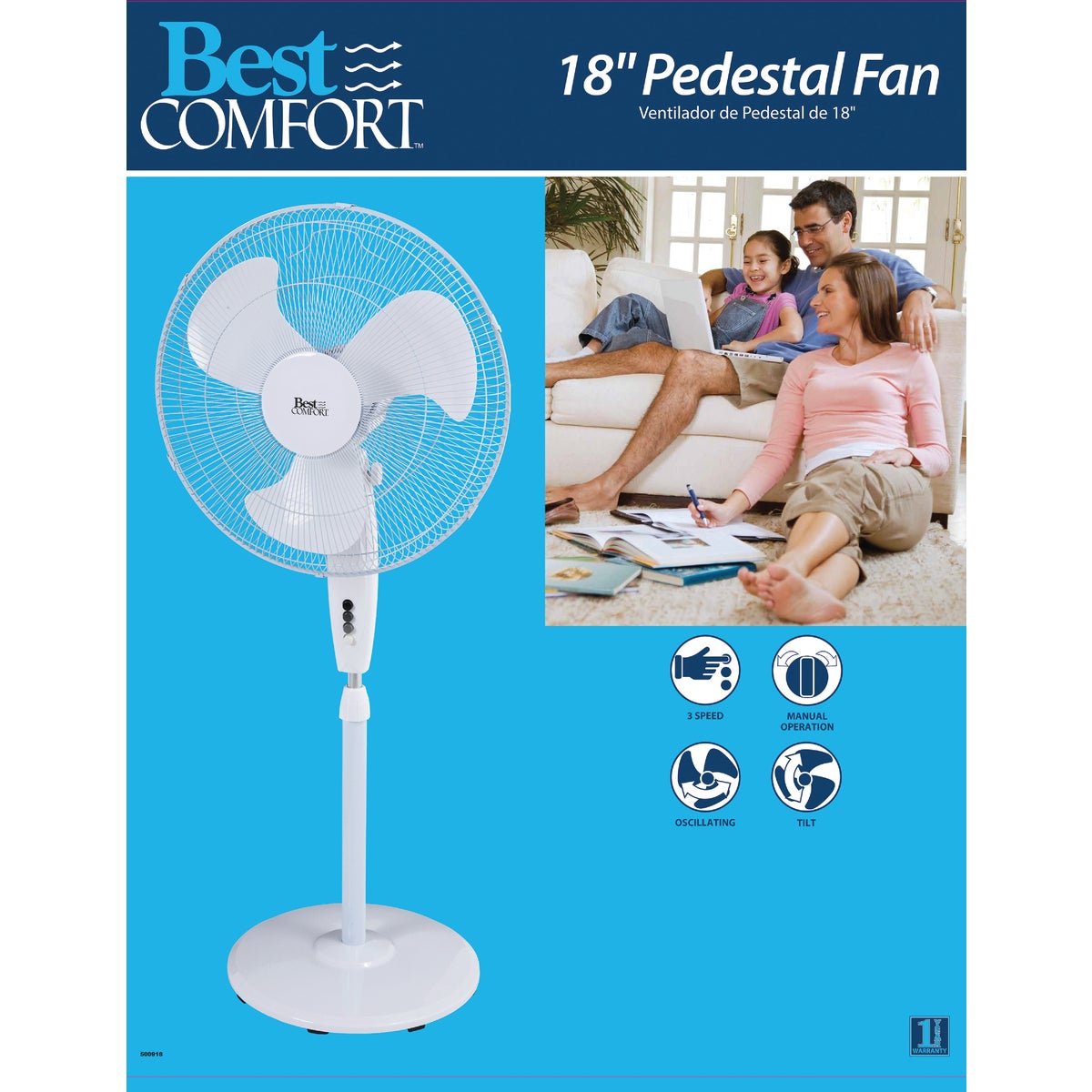 Best Comfort 18 In. 3-Speed 30 In. to 36 In. H. Oscillating Pedestal Fan