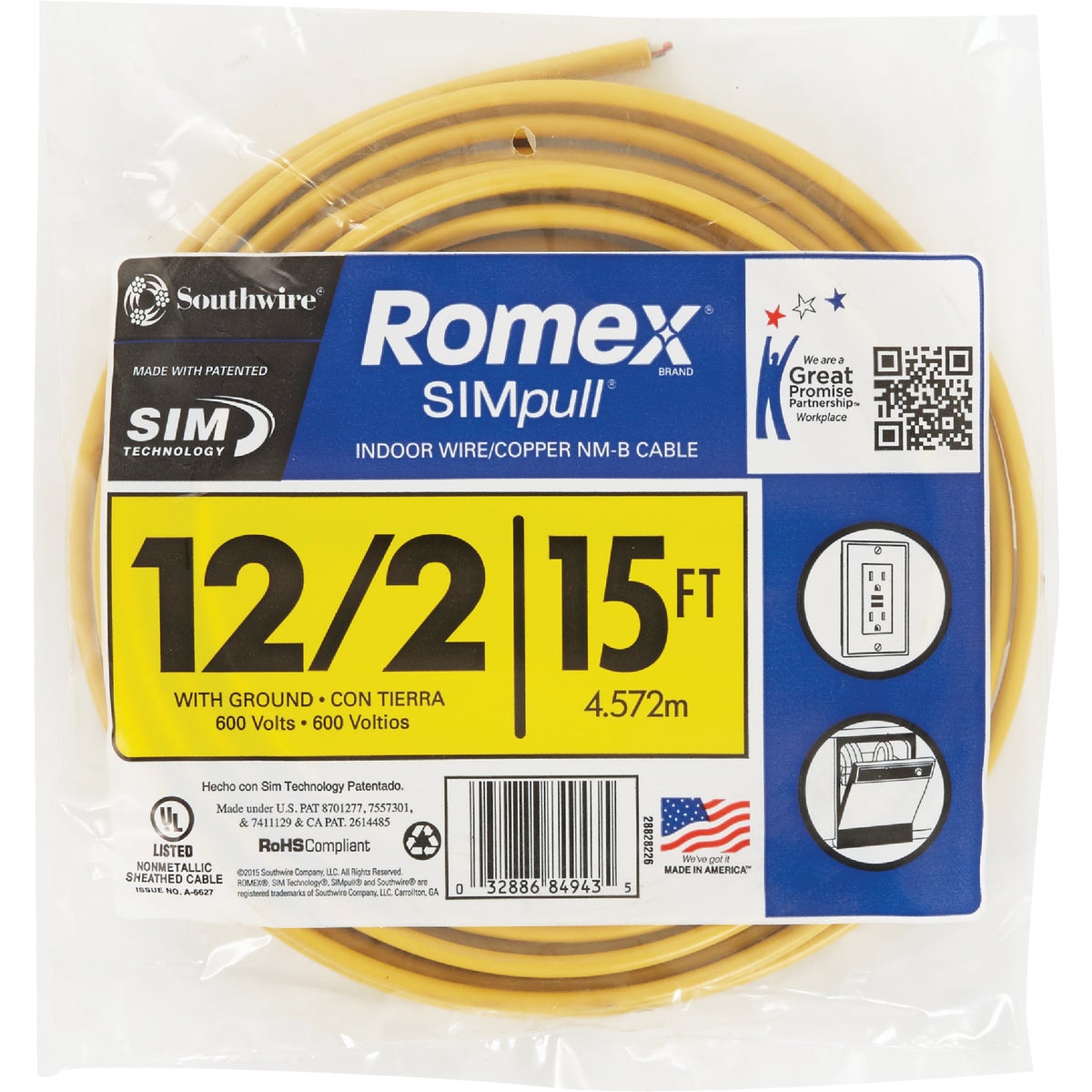 Romex 15 Ft. 12-2 Solid Yellow NMW/G Electrical Wire